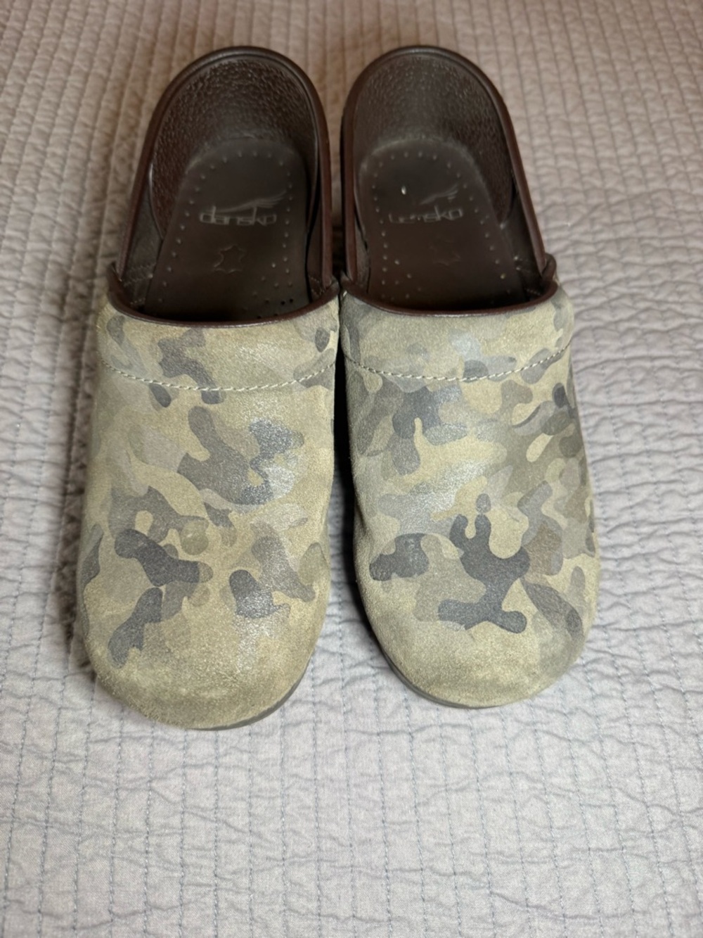 Dansko Clog Mules in Olive Camo and Brown